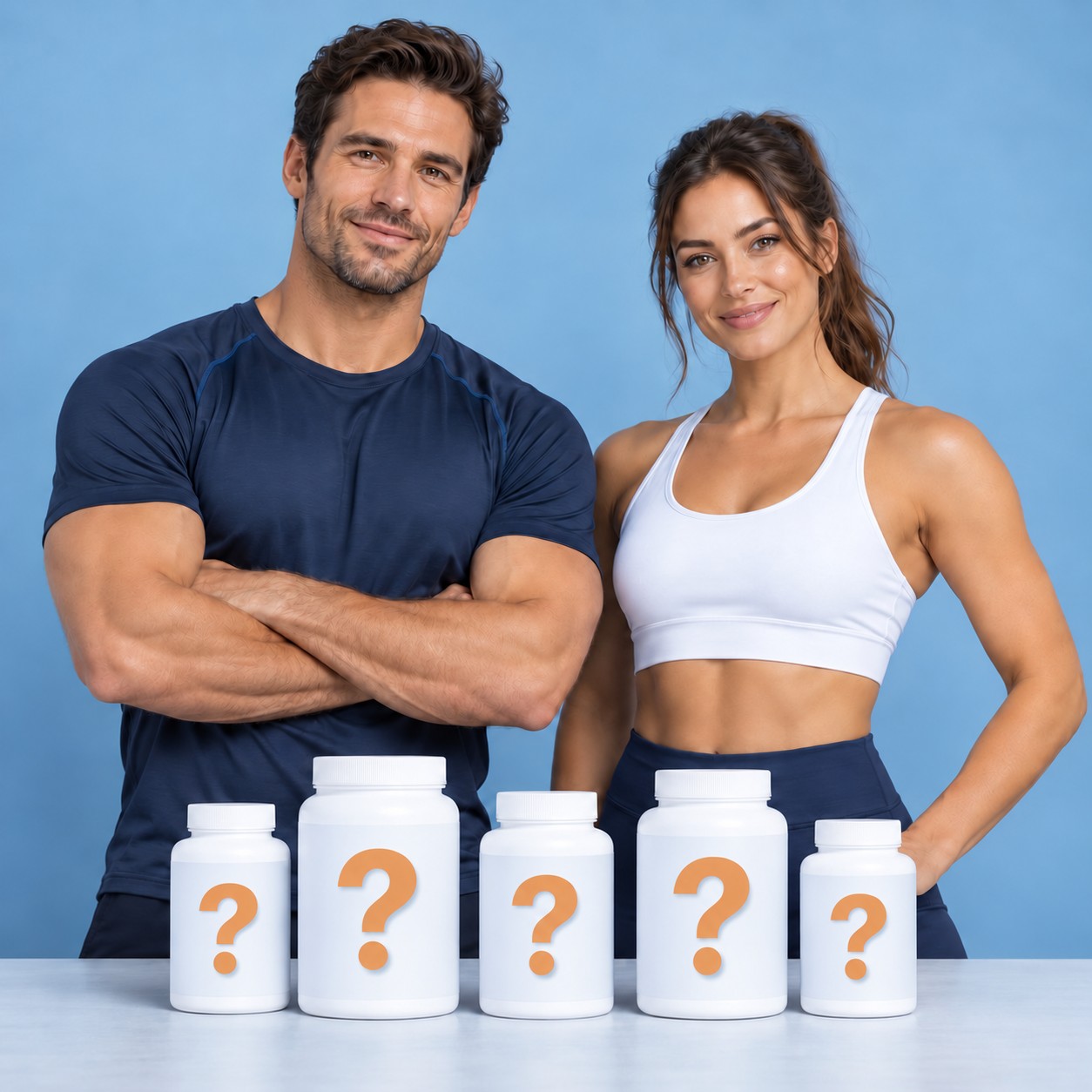 A fit man and woman behind five anonymous bottles with orange question marks